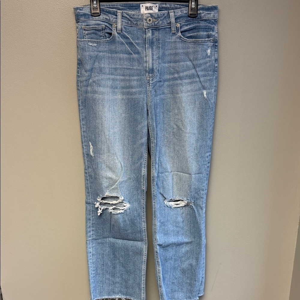 PAIGE Ailey Ankle Flare Distressed Light Wash Jeans Size 31 Raw Hem
